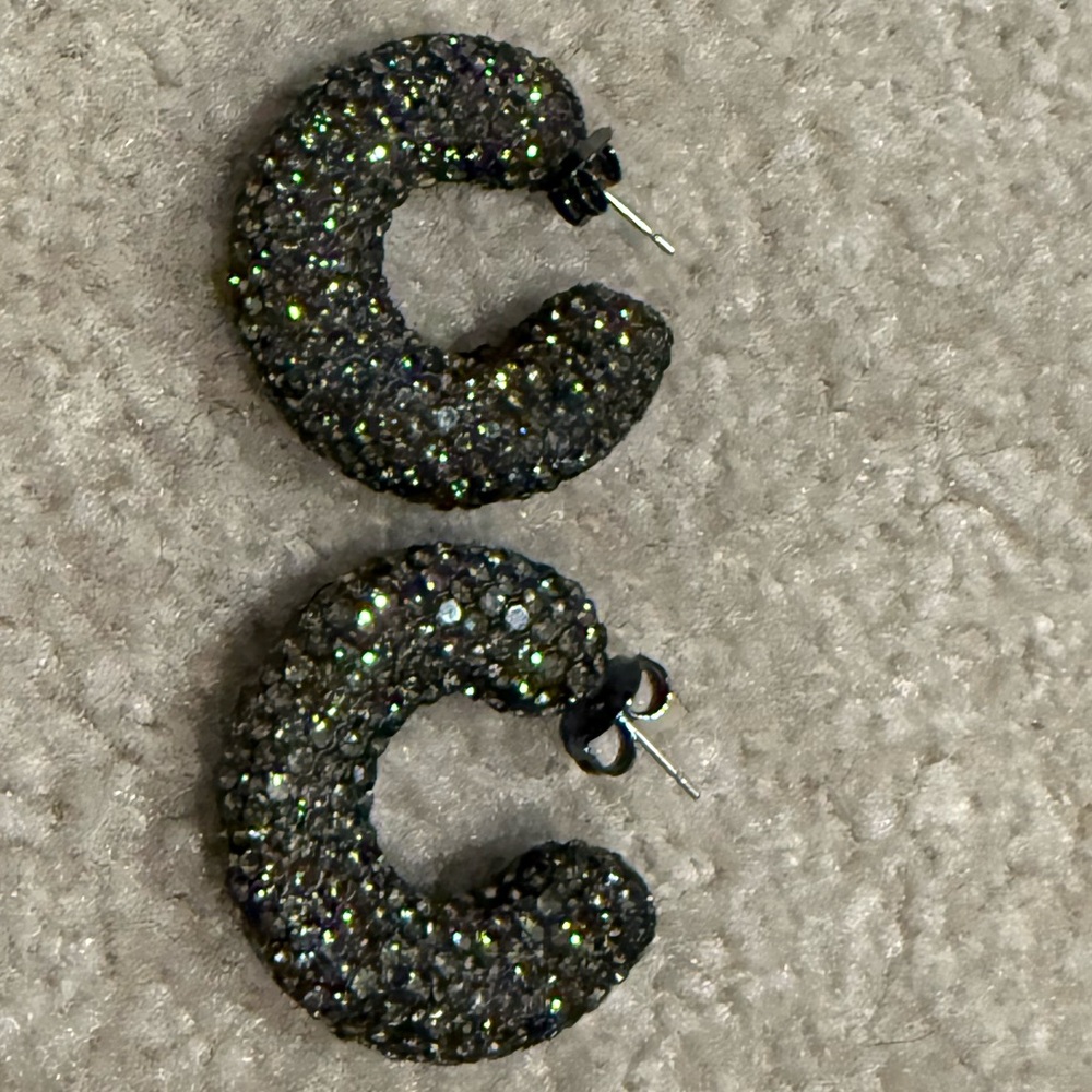 Anthropologie Iridescent Black Glitter Hoop Earrings